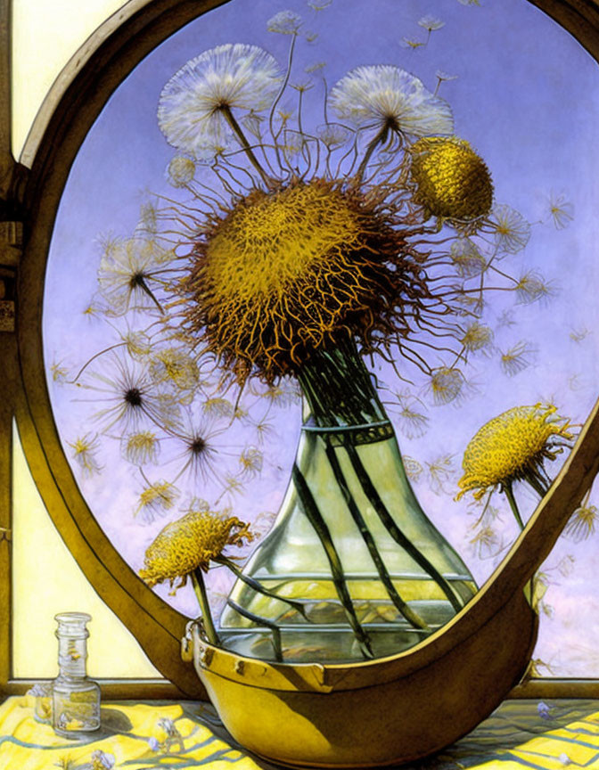 Surreal artwork: dandelion seeds in vase, circular window, blue sky