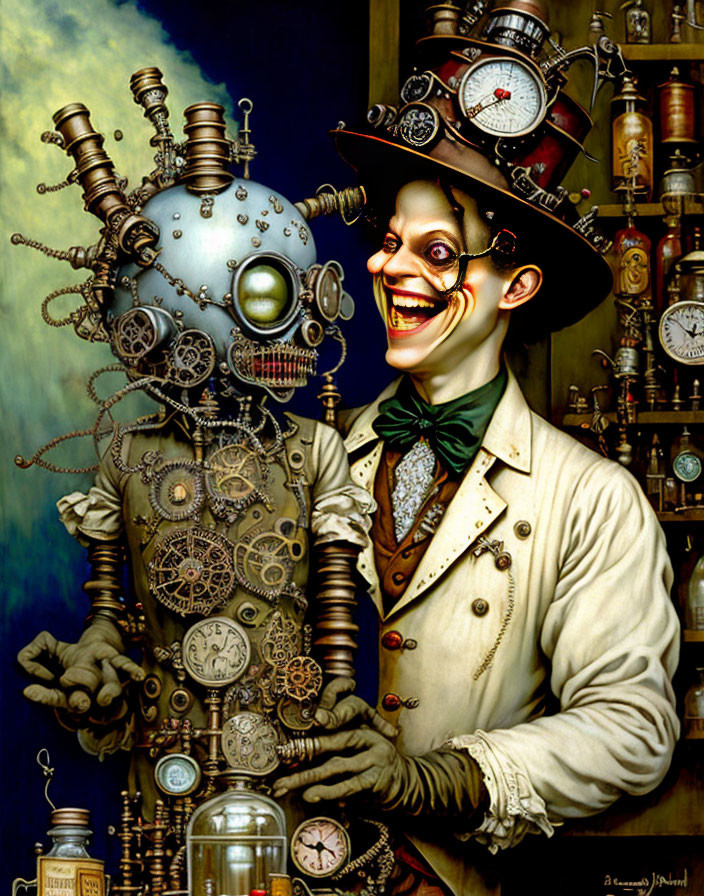 Whimsical artwork featuring grinning man and steampunk robot under moody sky