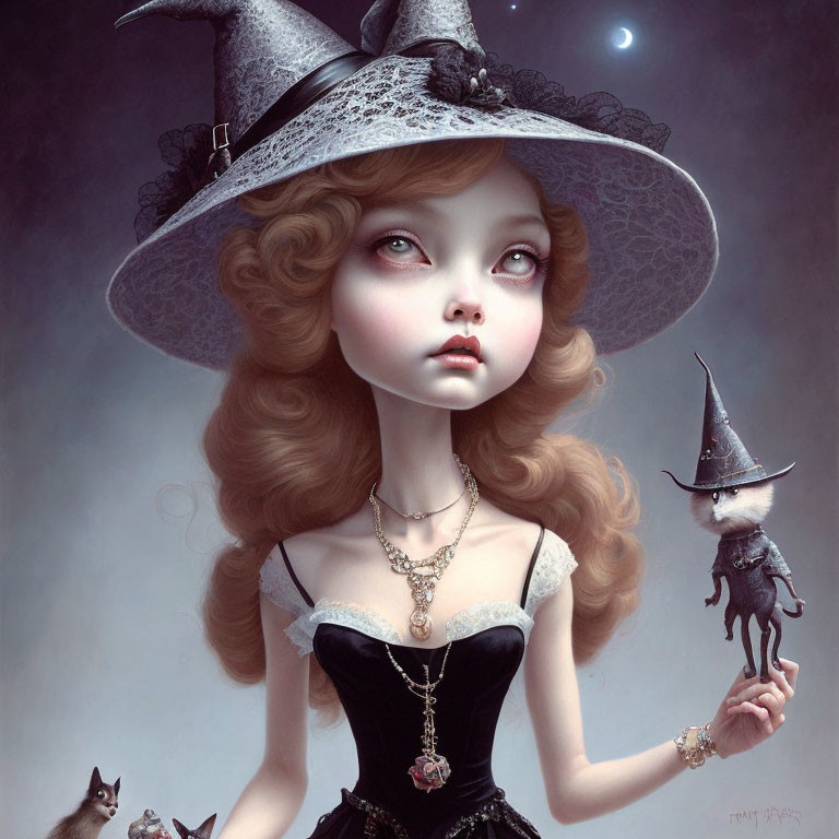 Stylized painting of young girl with large eyes in witch's hat and whimsical creatures