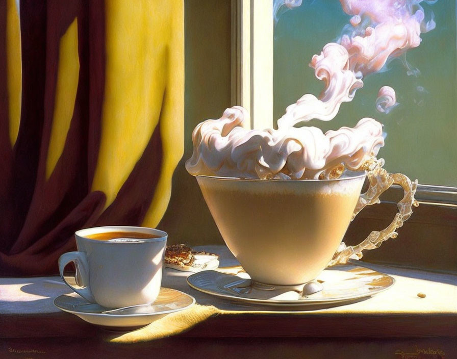 Realistic painting of small and large coffee cups with whimsical steam swirls by sunny window