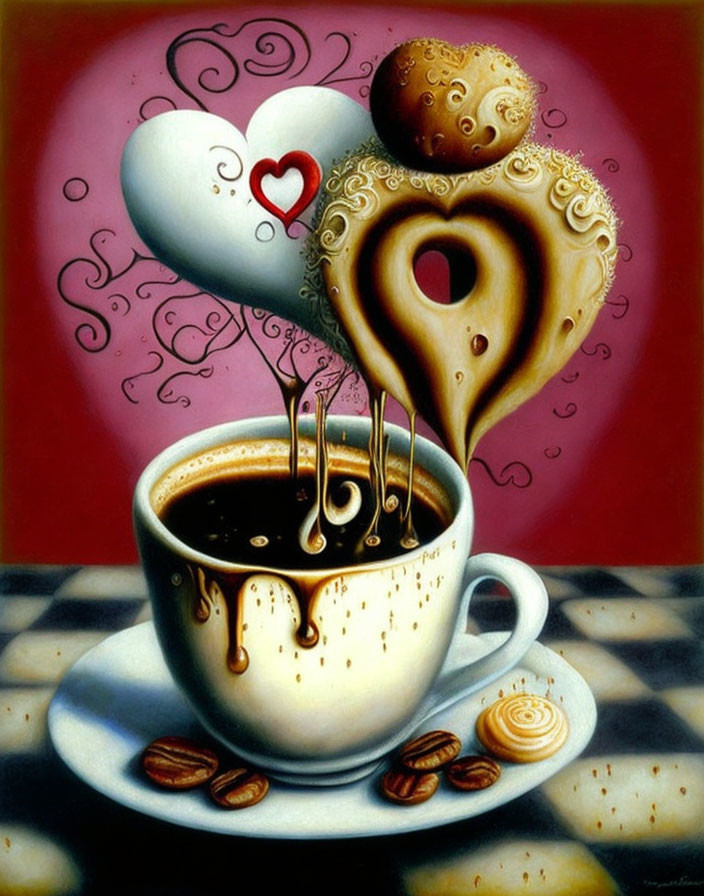 Whimsical painting featuring steaming coffee cup, heart-shaped beans, biscuits, and melting pastry