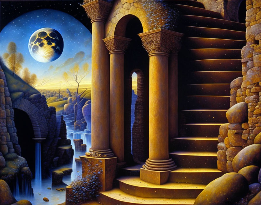 Surreal landscape with classical pillars and moonlit sky