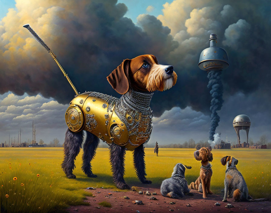 Three dogs in armor with dramatic industrial background