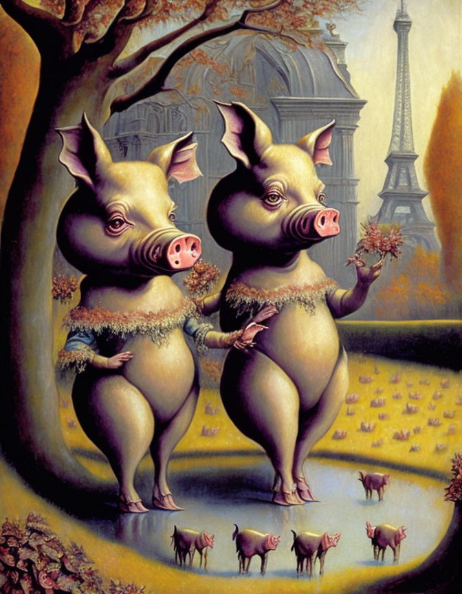 Surreal painting: anthropomorphic pigs in dresses with Eiffel Tower