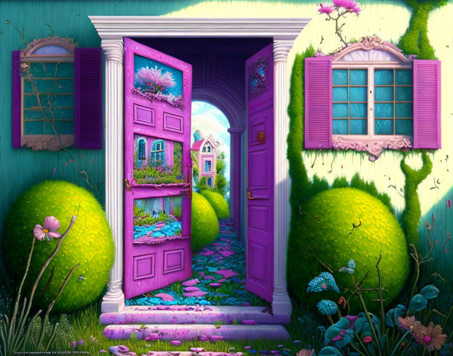 Colorful illustration: Purple door leading to lush green garden with round hedges and houses