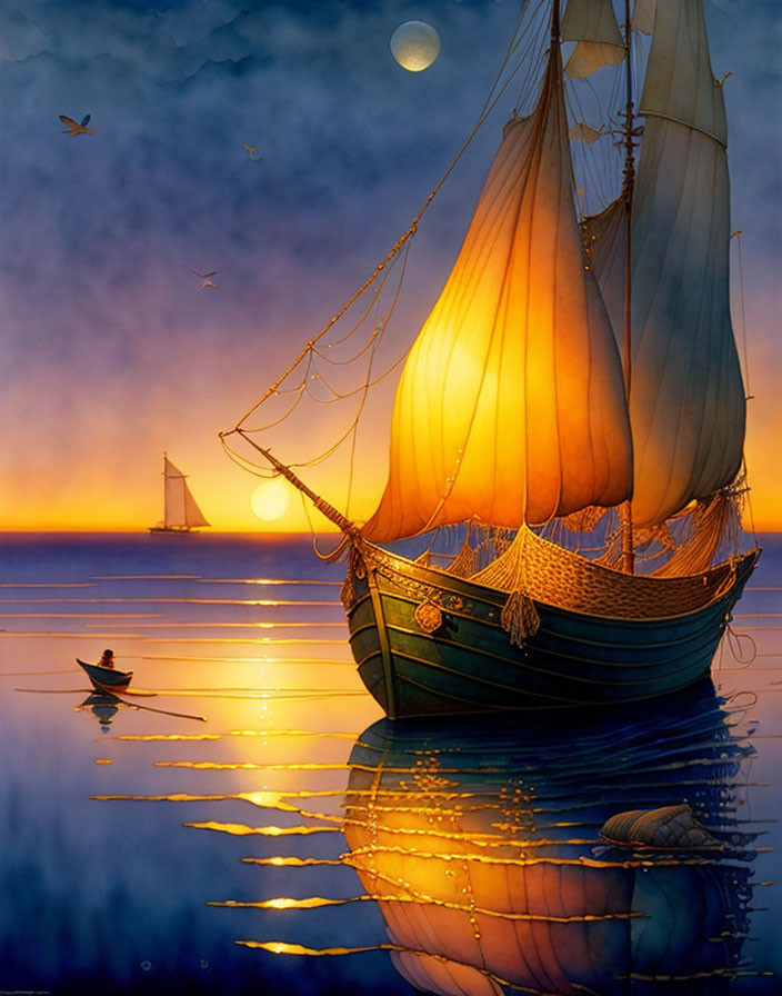 Tranquil sailboat painting with glowing sails and moonlit sky