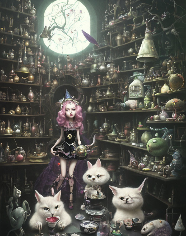 Whimsical illustration of girl with pink hair in dark room full of cats and magical items