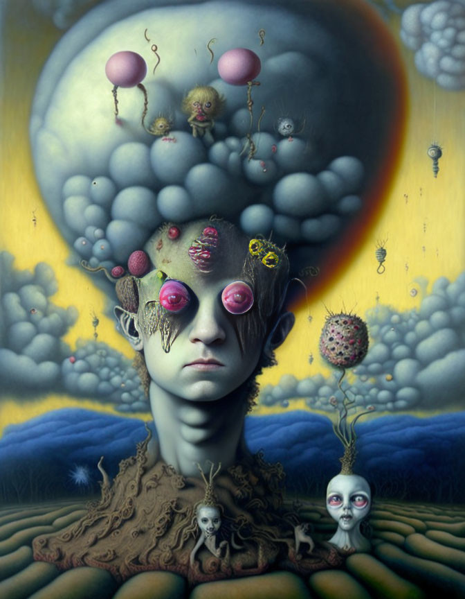 Surreal painting: humanoid figure in landscape body with pink-eyed entities