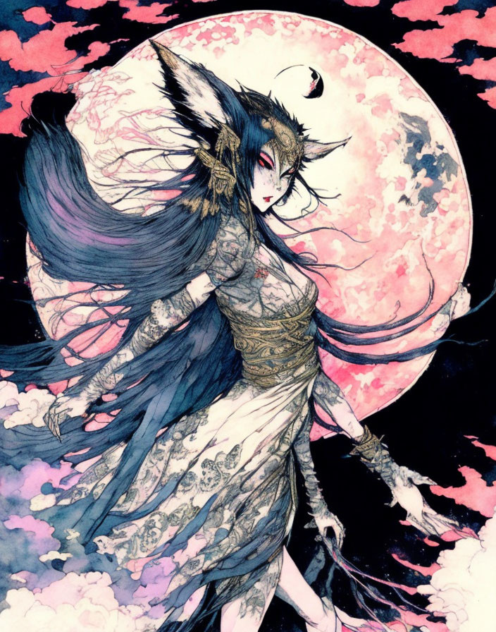 Mystical female figure with fox-like ears in flowing garments under pink moon.