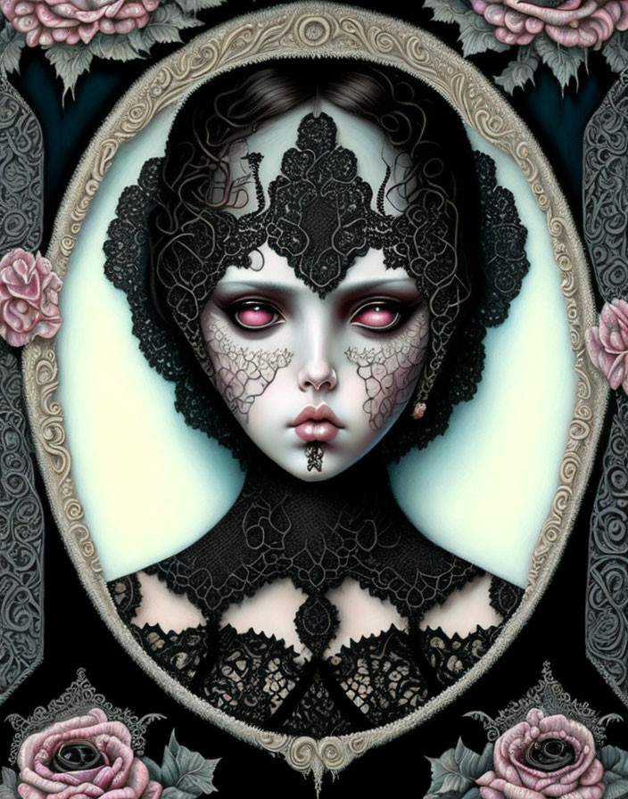 Illustrated portrait of pale-skinned female with red eyes, adorned in black lace, surrounded by roses