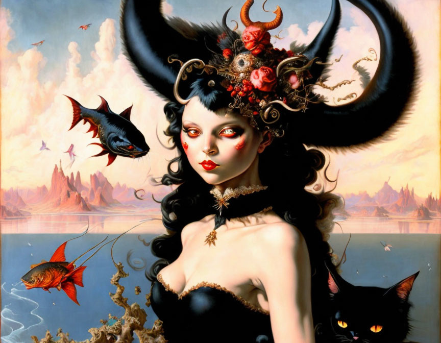 Fantastical portrait of woman with horns, flying fish, black cat, surreal landscape
