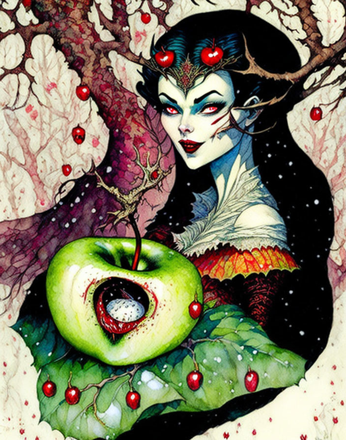 Illustration of pale-skinned female with dark hair and surreal green apple with eye