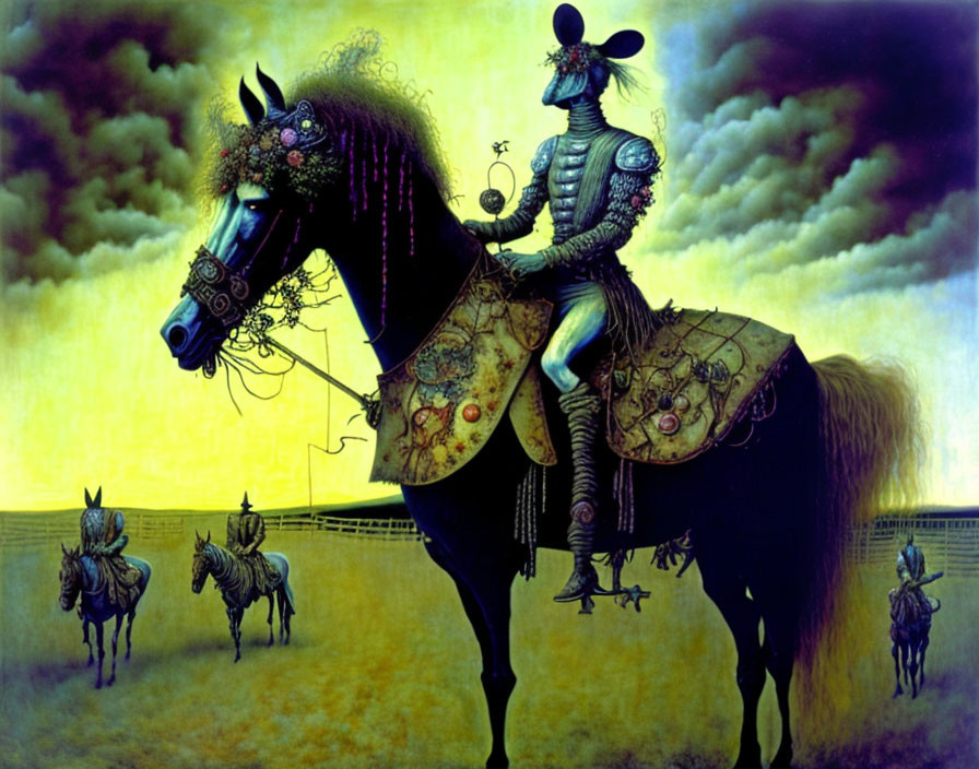 Surreal painting of knight on horse under yellow sky