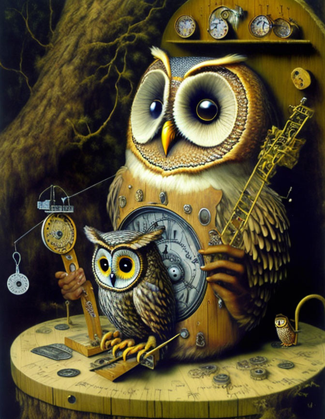 Detailed illustration of clockwork owls with blueprints and gears