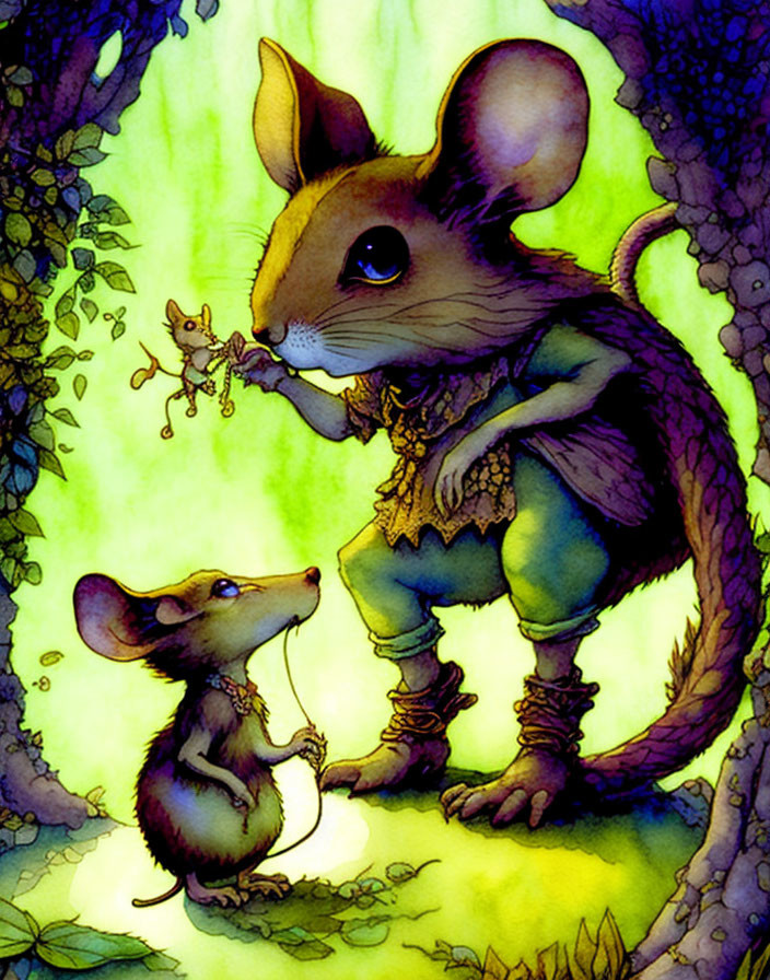 Anthropomorphic mouse in warrior attire conversing with smaller mouse in magical forest landscape