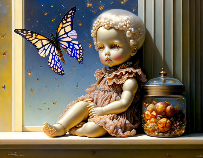 Porcelain doll with big eyes next to candy jar, watching butterfly on night sky backdrop