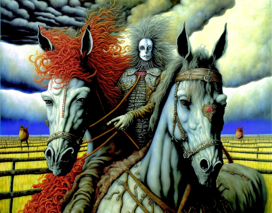 Surreal painting: White-faced character on fiery-red and grayish-white horses in stylized landscape