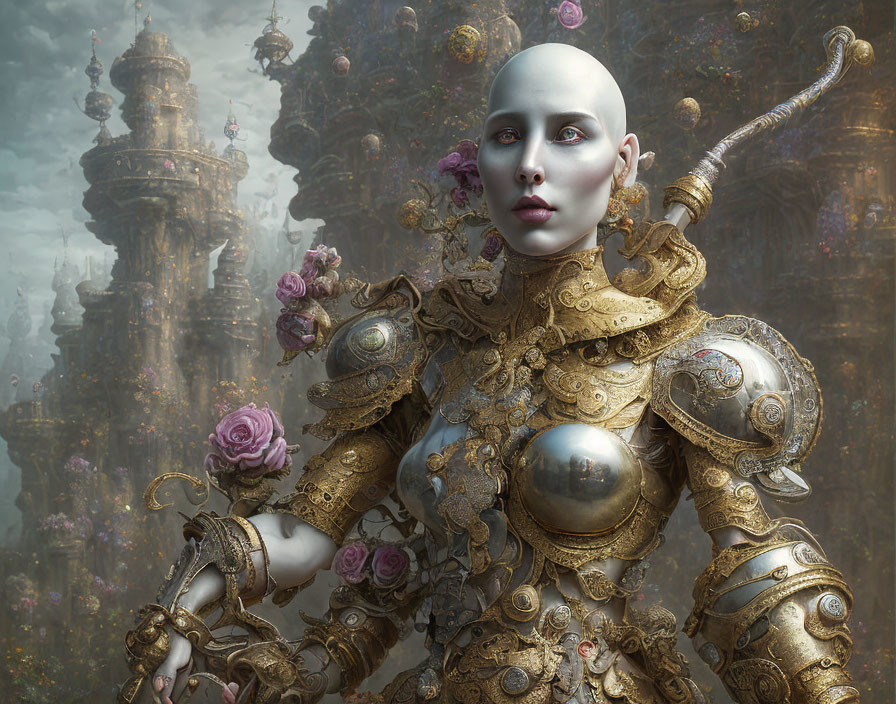 Armored humanoid figure with roses in front of fantastical castle