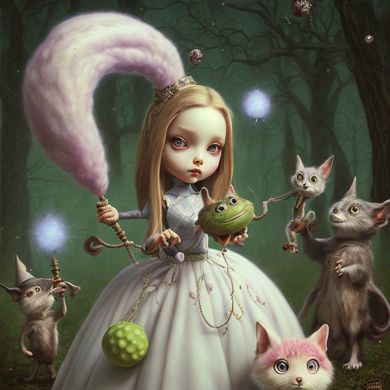 Surreal painting: girl with oversized head, cotton candy, frog, cats with human-like eyes
