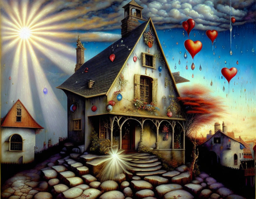 Whimsical painting of cozy cottage with heart-shaped balloons and setting sun