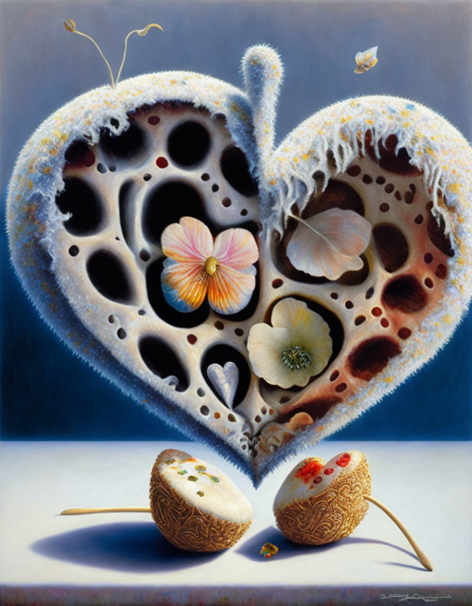 Surreal painting: Heart-shaped structure with flowers, seeds, and butterfly