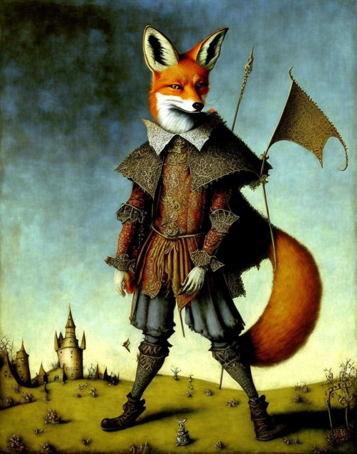 Anthropomorphic Fox in Renaissance Attire with Flag and Castle Background