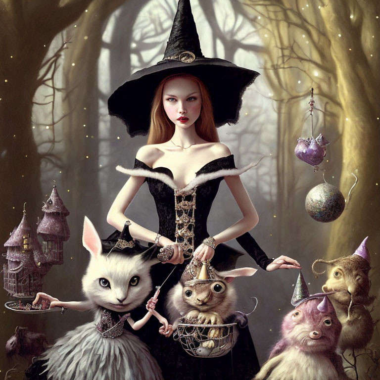 Fantasy scene: Witch in wide-brimmed hat surrounded by mystical forest and creatures.