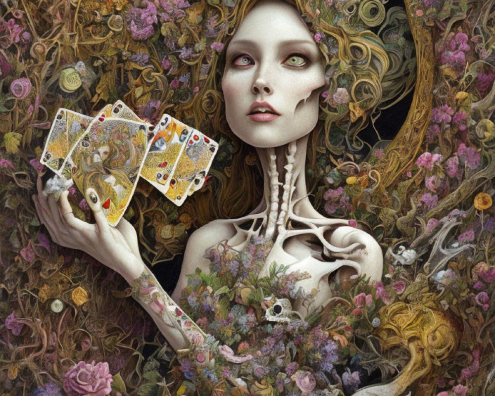 Skeletal figure with floral body and tarot cards in dense foliage