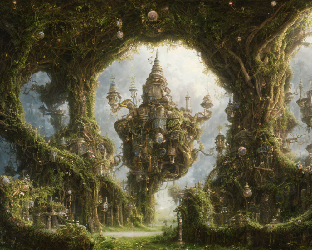 Mystical forest with tree-entwined city, floating orbs, and misty ambiance