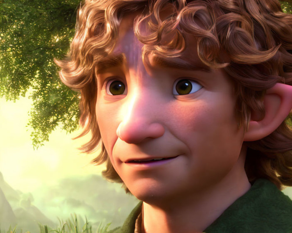 Young male character with curly hair and pointed ears in green forest setting.