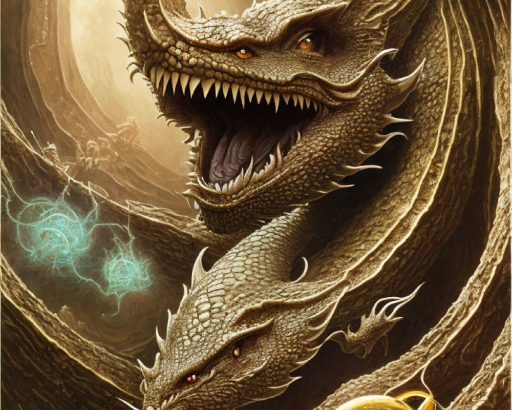 Majestic dragons spiraling around, guarding golden treasure.