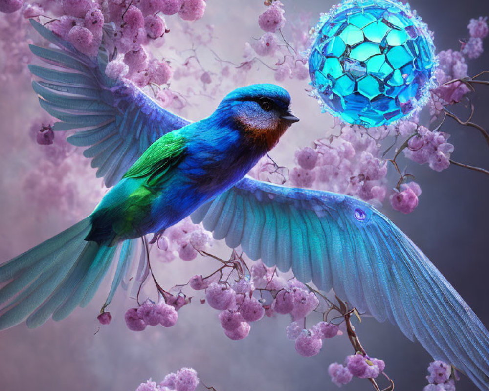 Colorful bird with blue and green plumage near cherry blossoms and a glowing blue sphere
