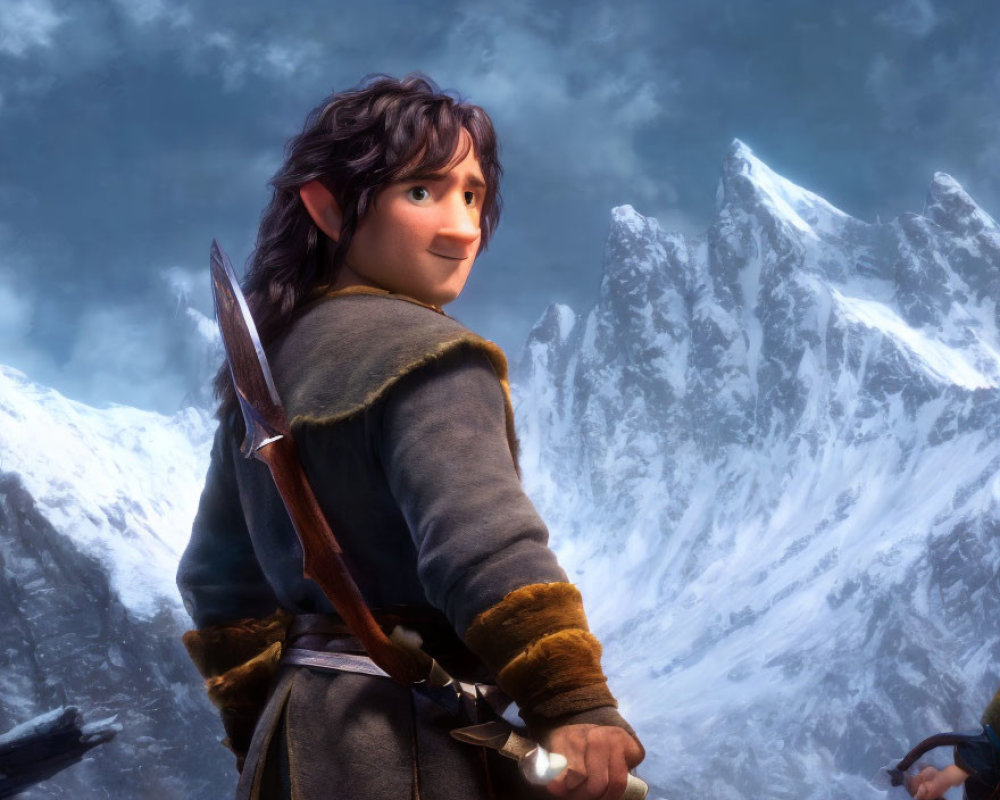 Dark-haired animated character with sword smiling against snowy mountains