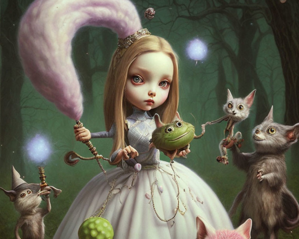 Surreal painting: girl with oversized head, cotton candy, frog, cats with human-like eyes
