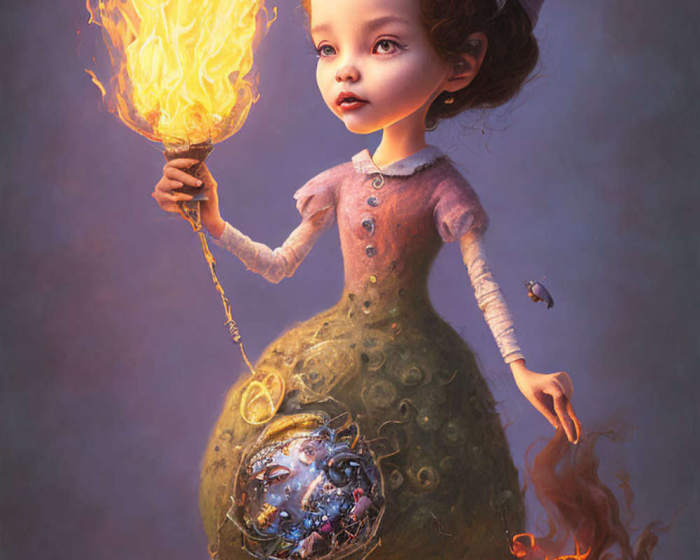 Young witch illustration with large eyes, torch, hat, and cauldron