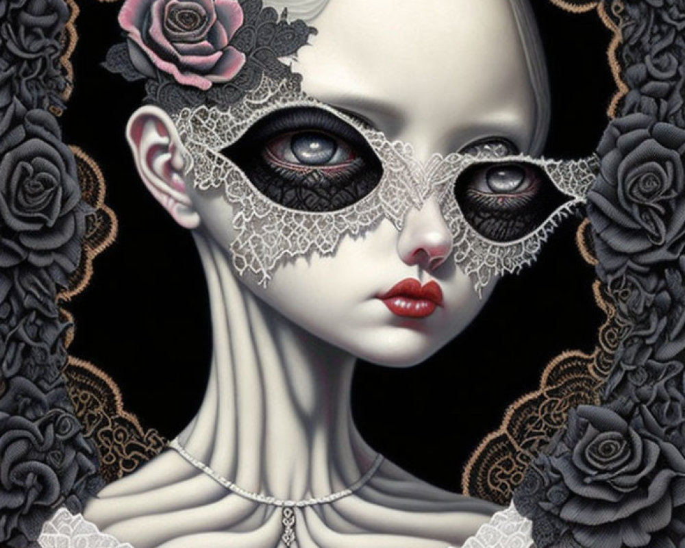 Pale woman with large eyes in black lace masquerade mask surrounded by dark roses and ornate floral