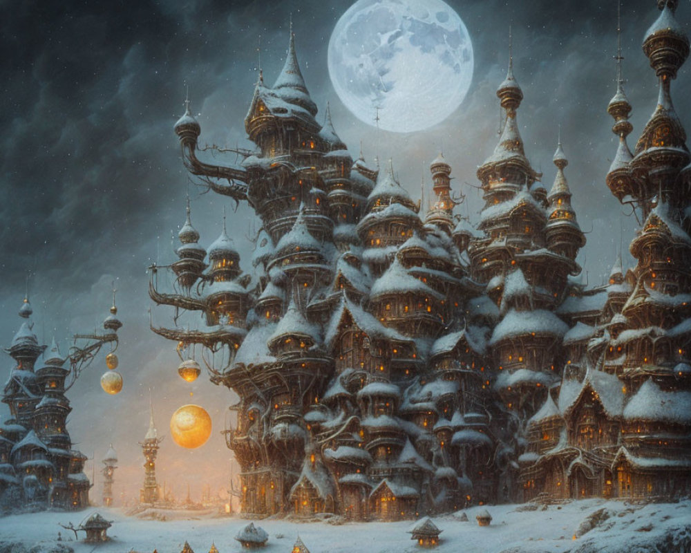 Intricate wooden structure with towers under full moon and lanterns in snowy landscape