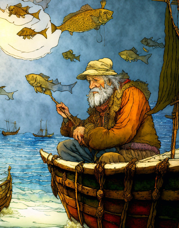 Elderly bearded fisherman in boat with fish and floating fish around, boats in background