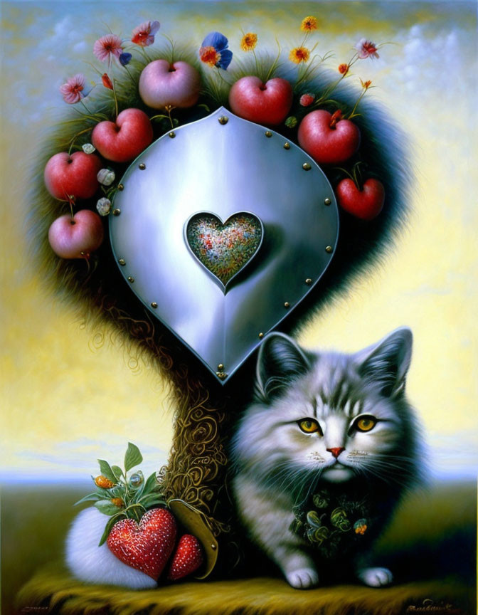 Surreal painting: fluffy cat, strawberries, heart-shaped tree, mirror.