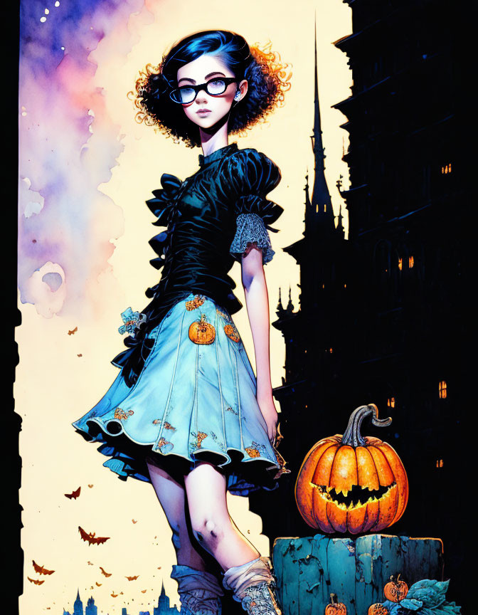 Illustration of woman with glasses posing by pumpkin and castle silhouette