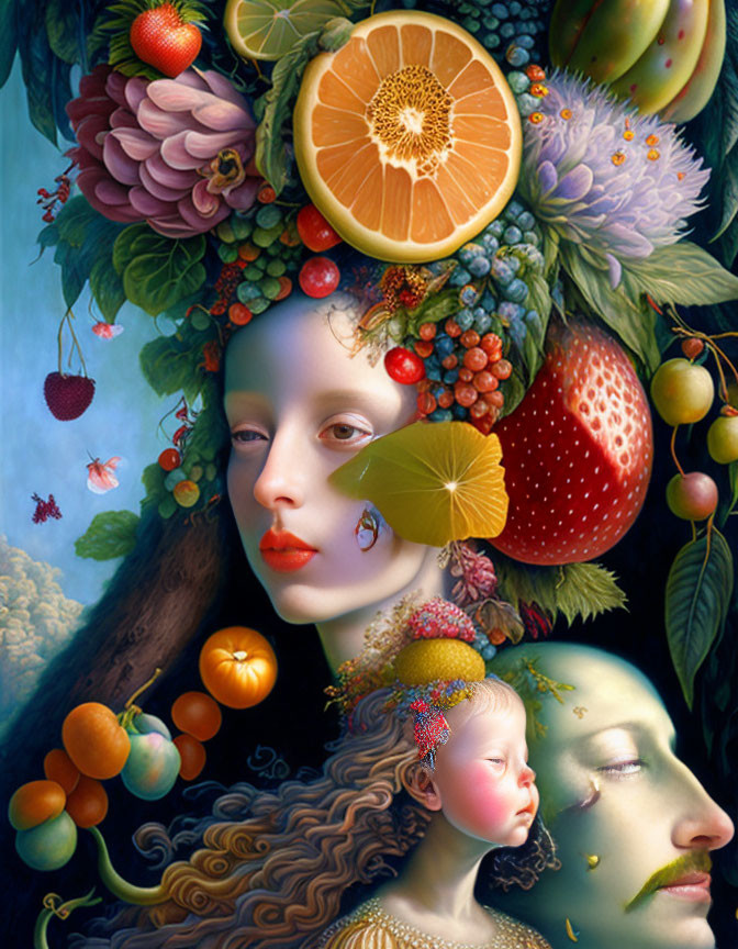 Surrealist painting featuring female faces with colorful fruits, flowers, and insects