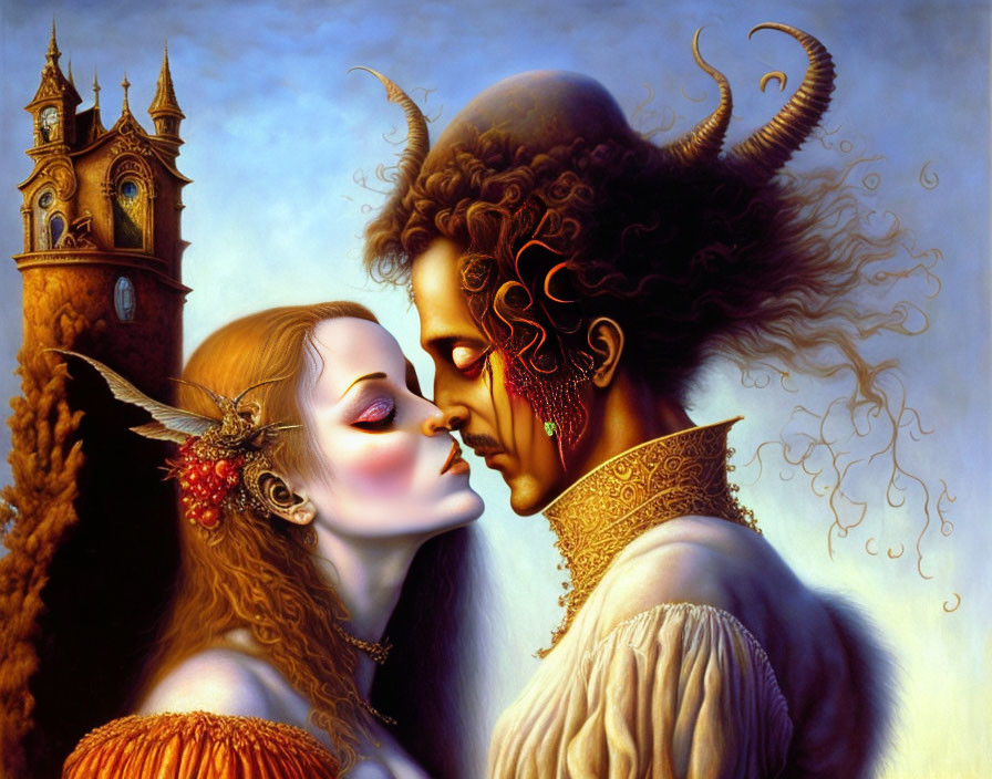 Detailed fantasy painting of horned male and elf-like female embracing against clock tower backdrop.