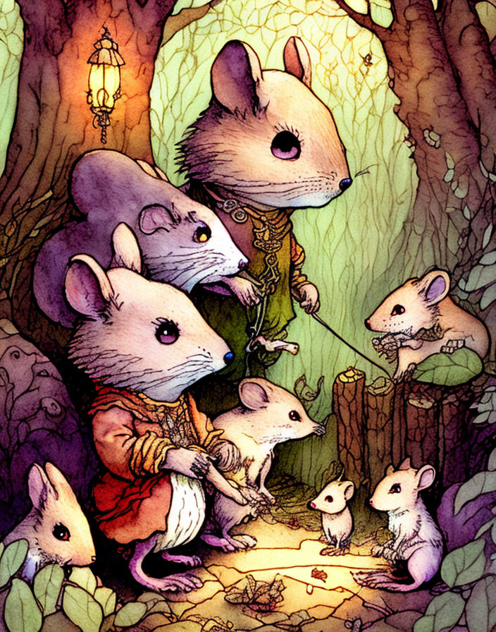 Anthropomorphic mice in whimsical forest with lantern and red dress.