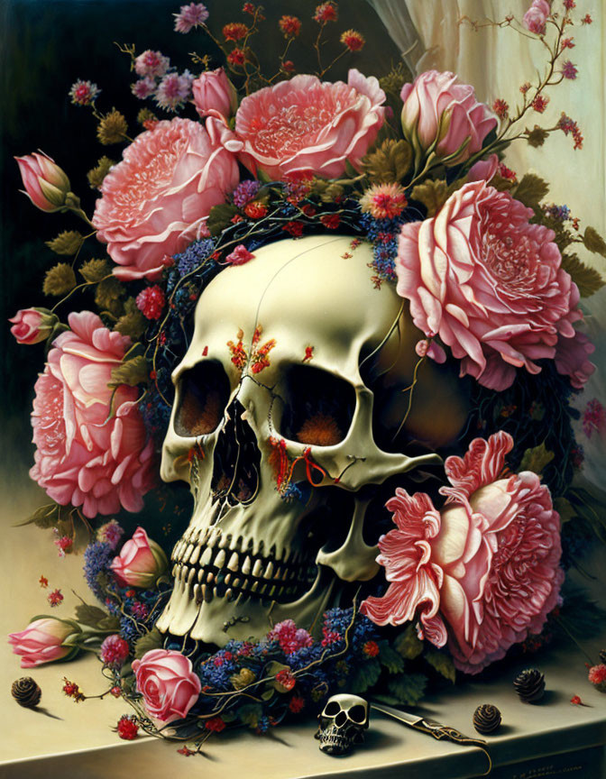 Skull with Pink and Red Roses Contrasting Life and Death Themes