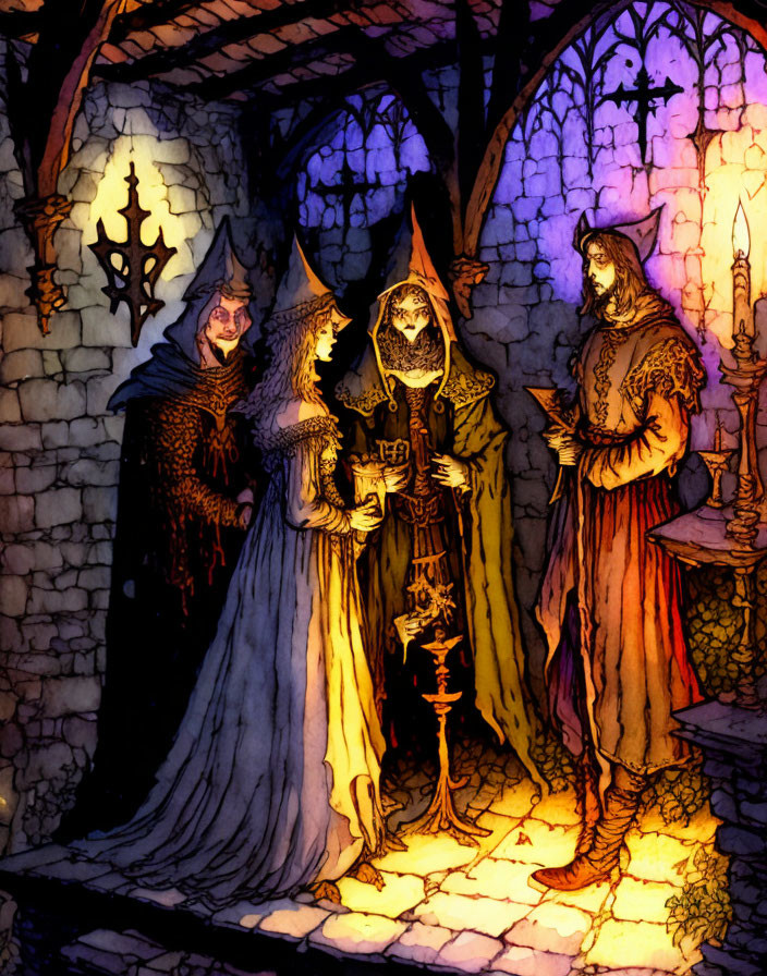 Medieval characters in candlelit stone chamber with cloaks, discussing ancient tome