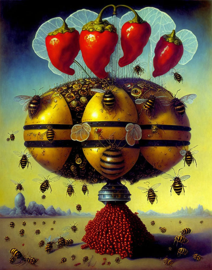 Surreal artwork featuring oversized bees, hive structure, peppers, honeycomb patterns, and small red