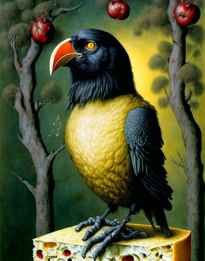 Surreal bird painting on Swiss cheese with fruit and trees