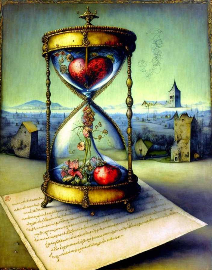 Hourglass with hearts, plants, village backdrop, and script design.