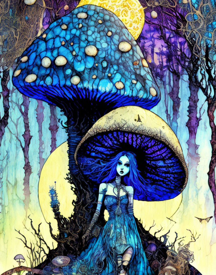 Vibrant illustration: Woman with blue hair under giant mushroom in fantastical forest