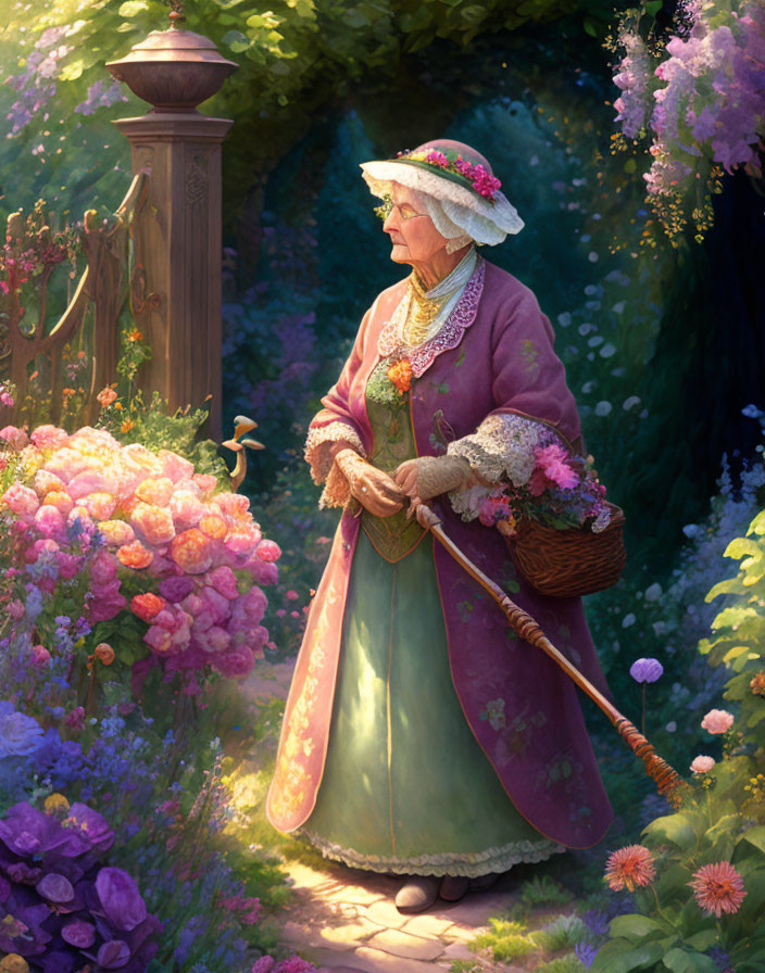 Elderly woman in purple dress and hat with flower basket in lush garden setting